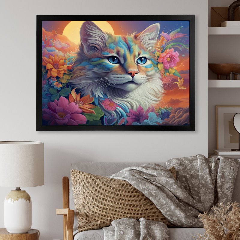 Reproduction sur toile d'un chat psychédélique arc-en-ciel avec des fleurs de pleine lune, H 34 po x l 44 po x P 1,5 po
