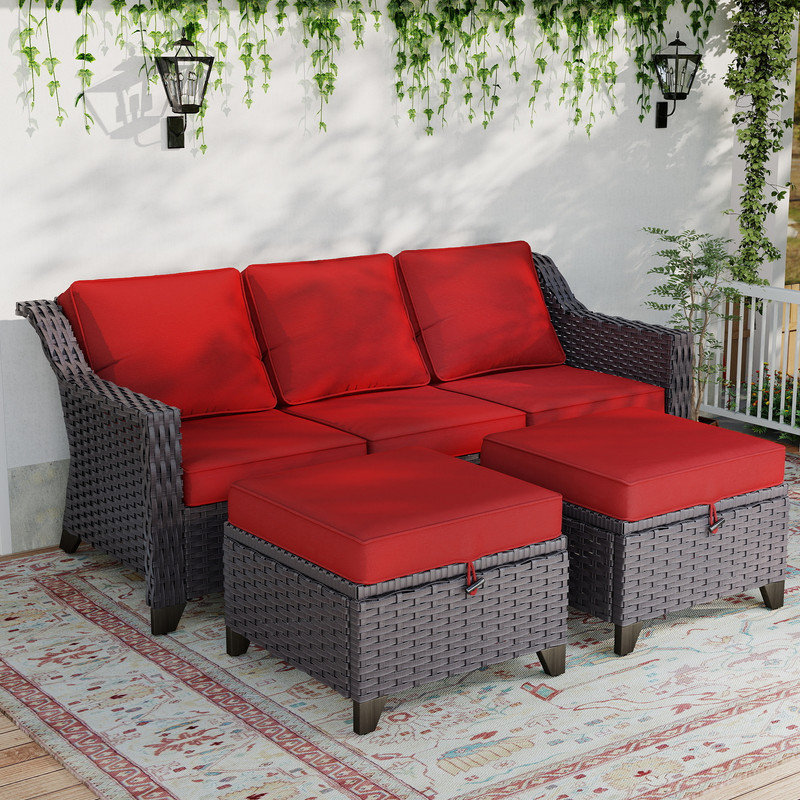 77'' Wide Wicker Outdoor Patio Sofa, Red