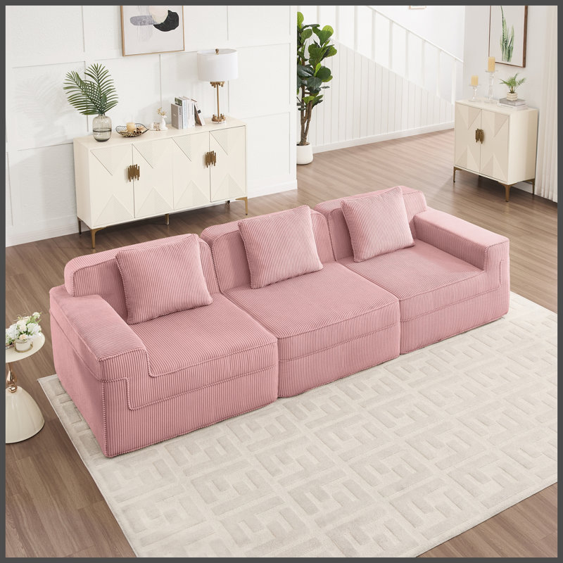 Canapé modulaire 3 places sans os, canapé modulaire Cloud avec assise profonde, canapé modulaire moderne 3 places avec coussins décoratifs Tissu velours côtelé rose