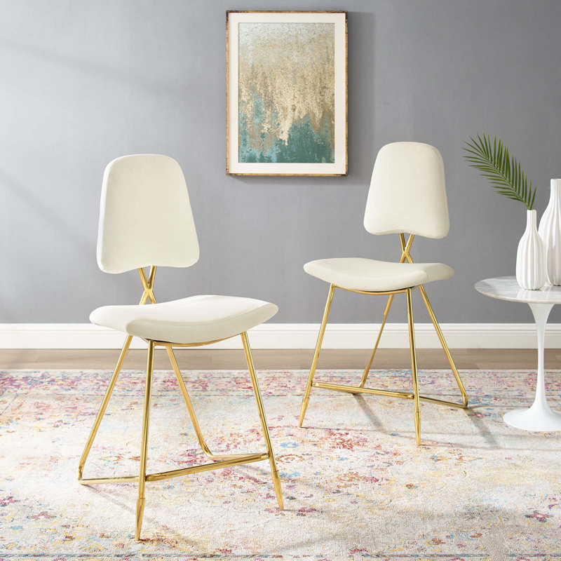 Ponder Bar Stool Performance Velvet Set of 2 by Modway, Ivory, Bar Stool (24.5” Seat Height)