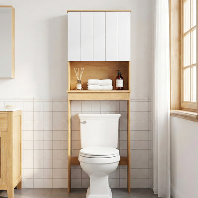 Armoire de rangement au-dessus de la toilette H 70,5 po, organisateur de salle de bain bicolore bois / blanc avec portes asymétriques à fermeture en douceur et base réglable à 5 positions