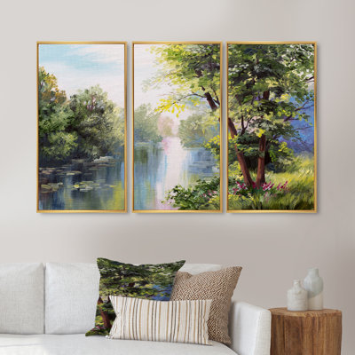 Paysage - Lake In The Forest Summer Day - Lake House, ensemble de 3 toiles d'art encadrées