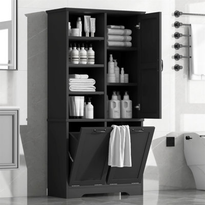 Bathroom Storage Cabinet With Doors And Drawers, Tilt-Out Laundry Hamper, Multiple Storage Space, Freestanding Style, Open Shelve, Adjustable Shelf