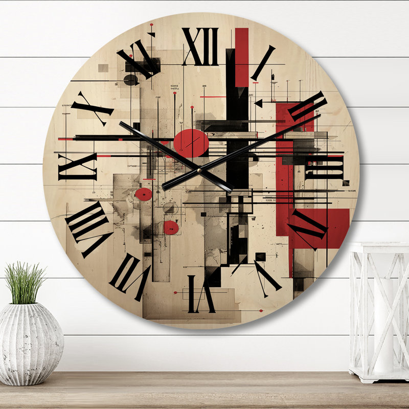 Illustration rétro rouge et bleue - Horloge murale moderne surdimensionnée en bois géométrique, Petit