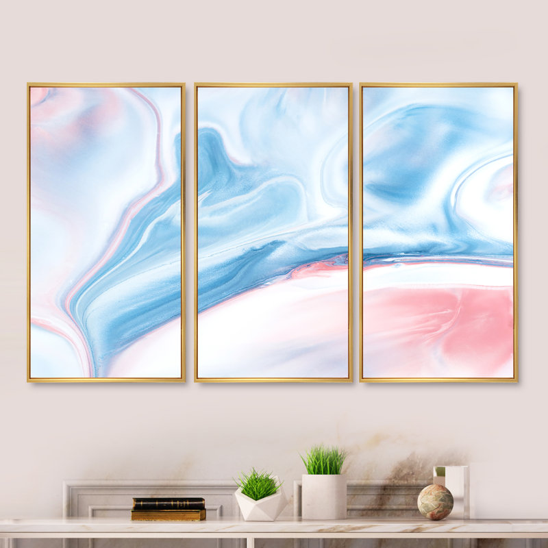Art liquide bleu et rose - ensemble d'art moderne sur toile encadrée moderne de 3