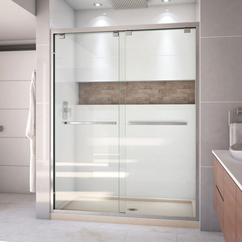 Encore 78.75" H Semi-frameless Sliding Shower Enclosure, Brushed Nickel/Biscuit, Center