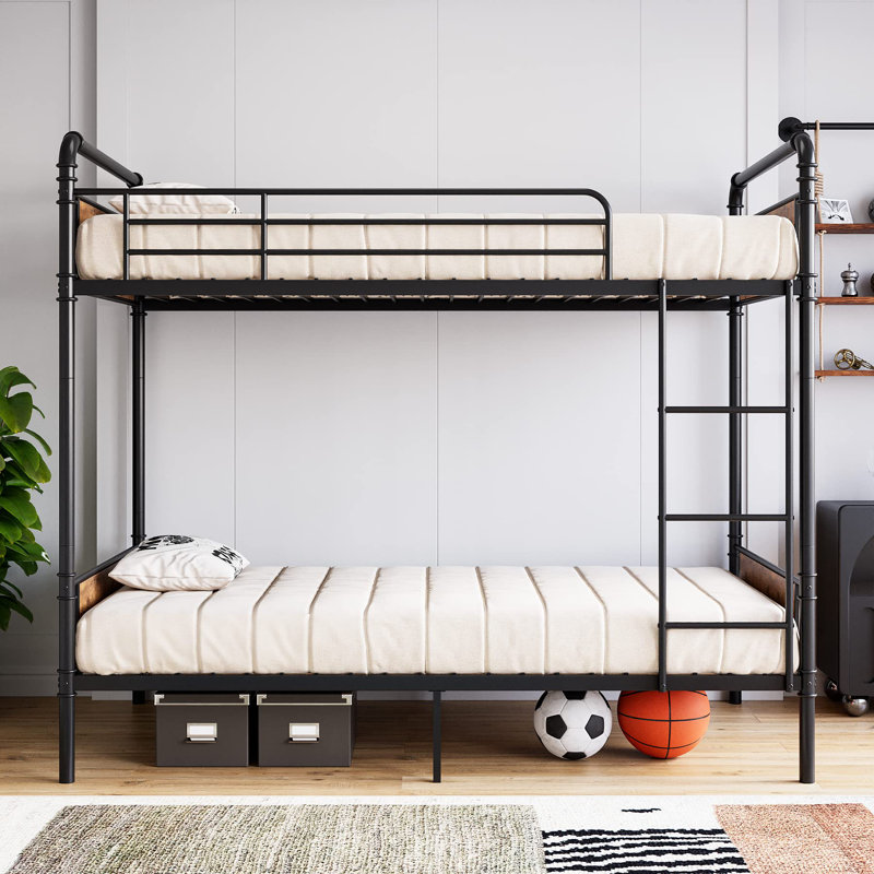 Twin Over Twin Metal Bunk Bed with High Guardrail and Ladder, Convertible Metal Bunk Beds for Kids/Teens/Adults,Easy Assembly,Black