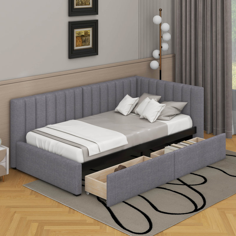 Lit de jour simple tapissier avec 2 tiroirs, support en lattes de bois, Gris