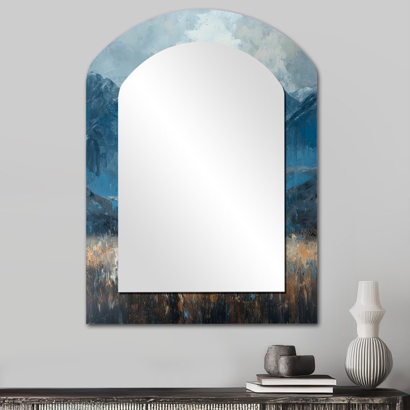 Modern African Elephant In The Mountains III - Elephant Asymmetrical Large Wall Mirror, Grey Arch Decorative Mirror, Printed Metal Art