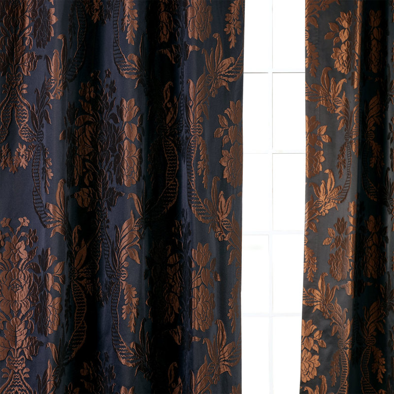 Ballsallagh Floral Faux Silk Room Darkening Curtain Panel, 50" W x 120" L, Black/Cognac