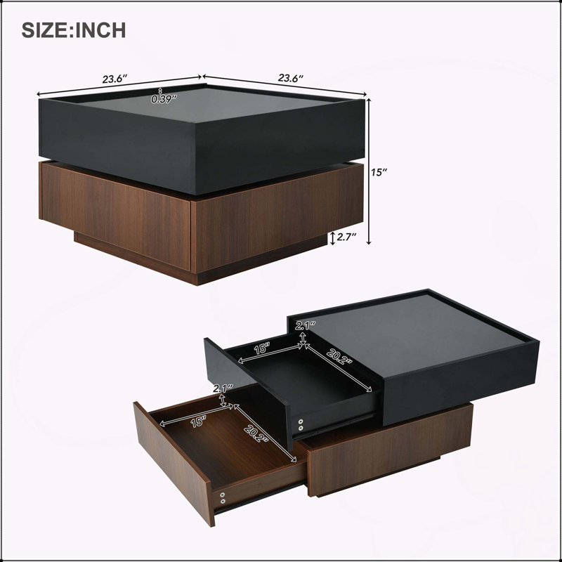 Table basse multifonctionnelle carrée rotative à 360 ° avec 2 tiroirs, centre de table à 2 niveaux ultrabrillant pour le salon