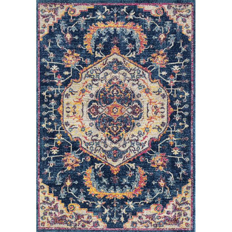 Tapis bleu à motif médaillon, Tapis de couloir 2 pi 7 po x 7 pi 2 po