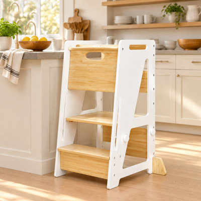 3 Level Adjustable Toddler Kitchen Helper Tower, Wooden Kids Learning Step Stool with Non-Skid Base, Safe Sturdy Toddler Standing Stool for Kitchen Counter