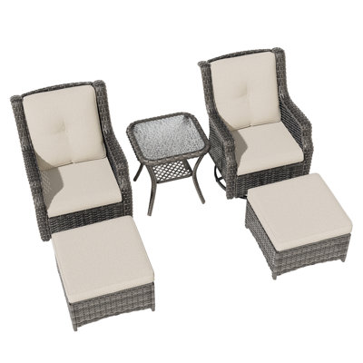 5 Pieces All-Weather Wicker Patio Swivel Rocker Conversation Set With Ottomans & Side Table