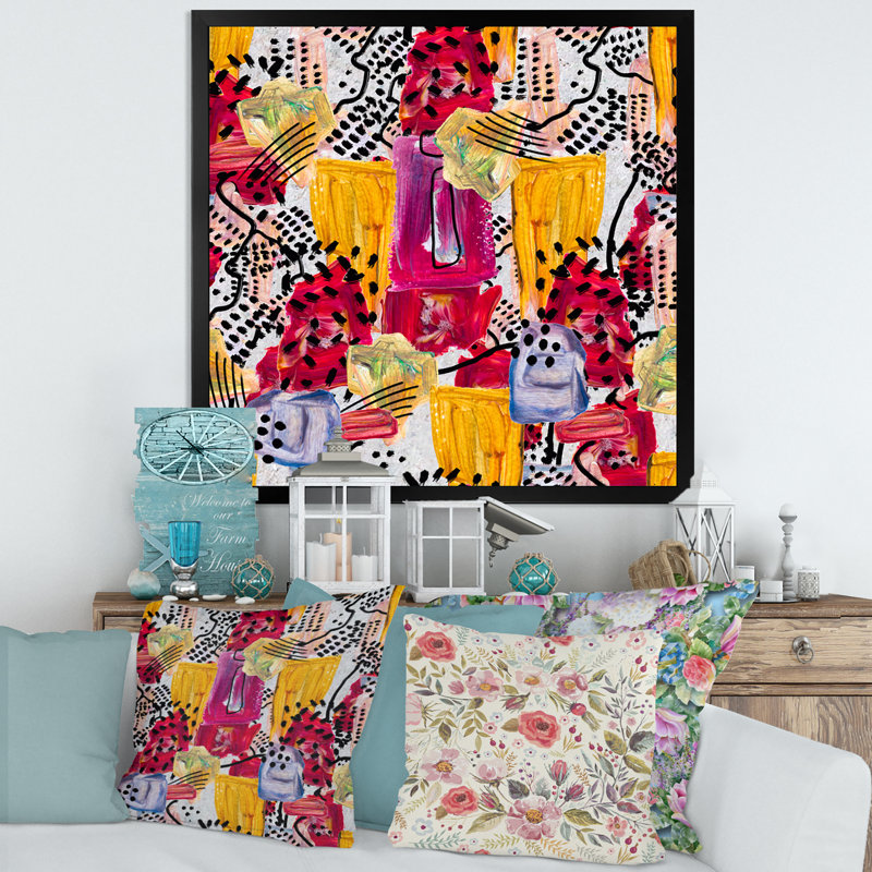 Motif géométrique rétro rouge et jaune - Peinture sur toile, Cadre photo noir, H 30 po x l 30 po x P 1 po