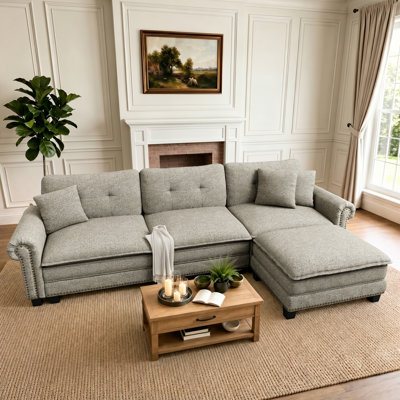 Canapé modulaire de 116 po avec repose-pieds en forme de L surdimensionné avec garniture cloutée 116 po avec repose-pieds