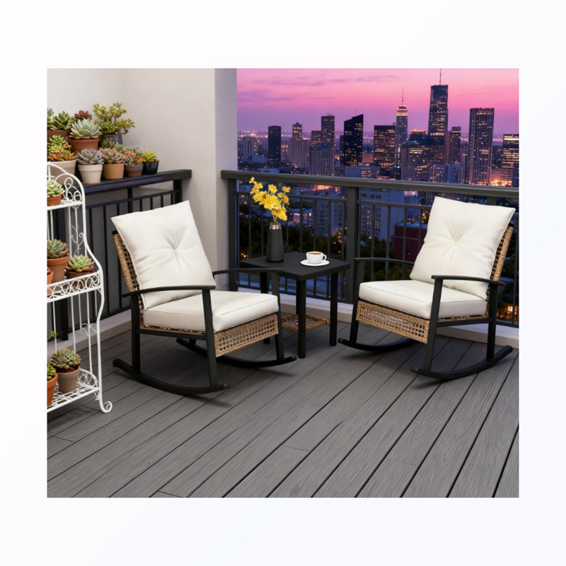 Chaise berçante de patio en osier avec coussins et table capitonnés (2 chaises), Blue