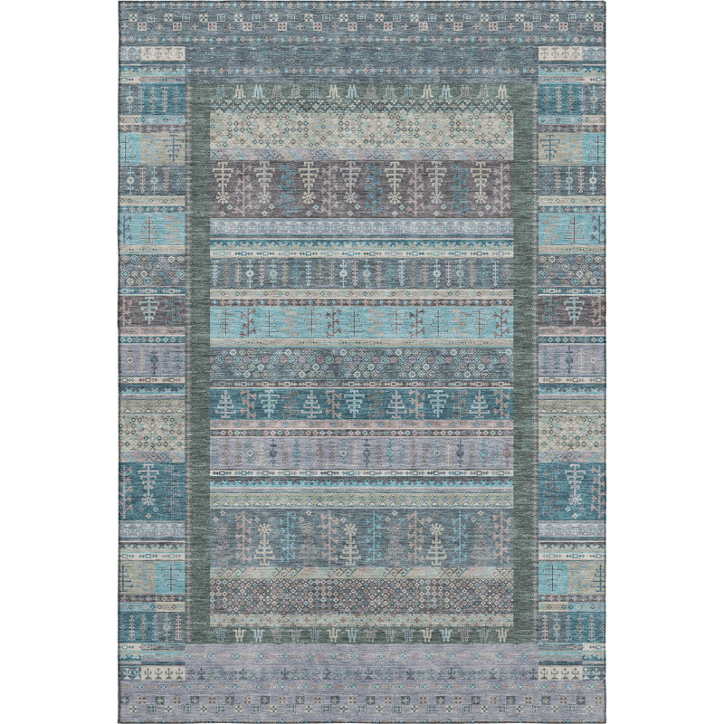 Premium Machine Washable Mayfield AMF2160 Striped Rug, Teal, Rectangle 5' x 7'6"