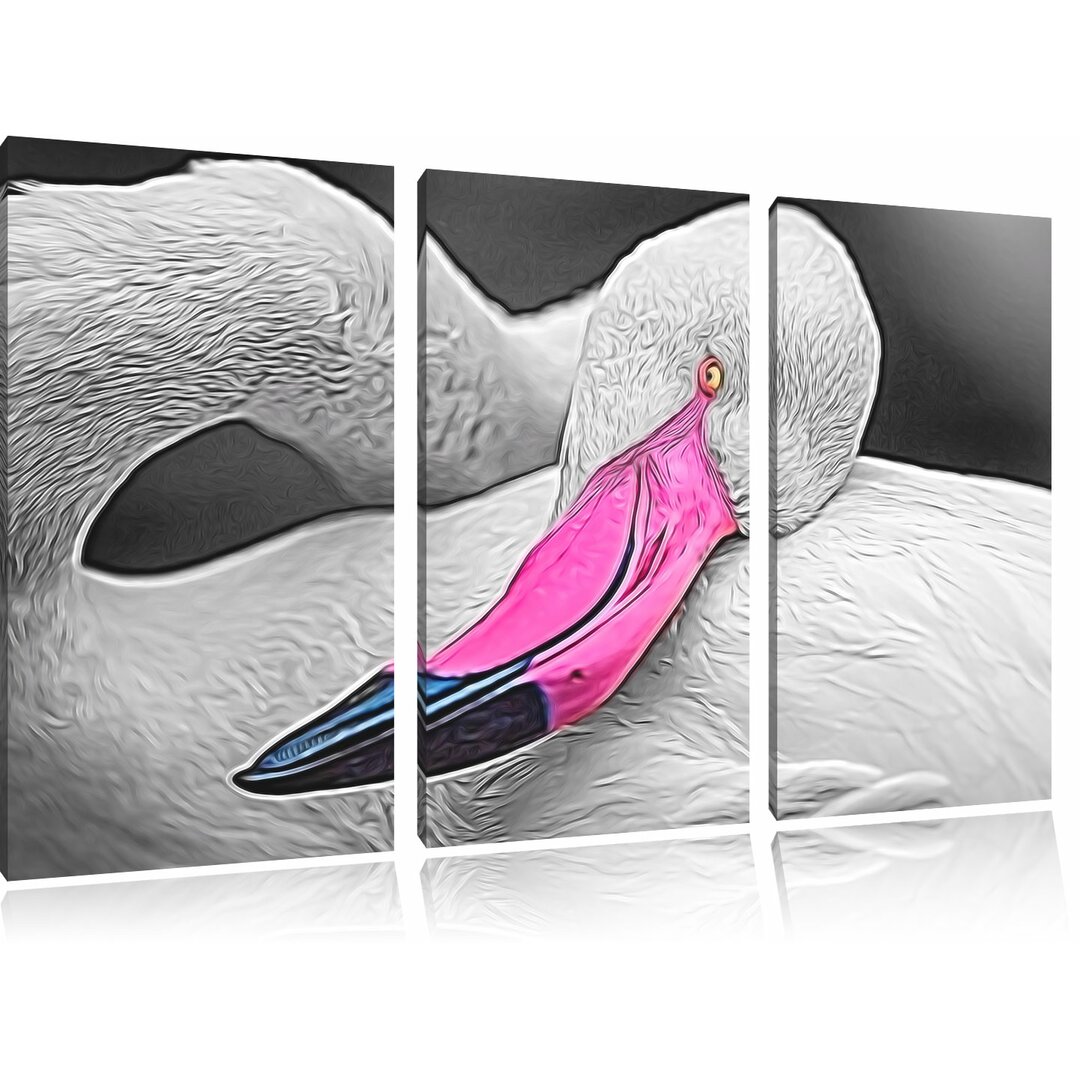 3-tlg. Leinwandbilder-Set Anmutiger Flamingo, Grafikdruck