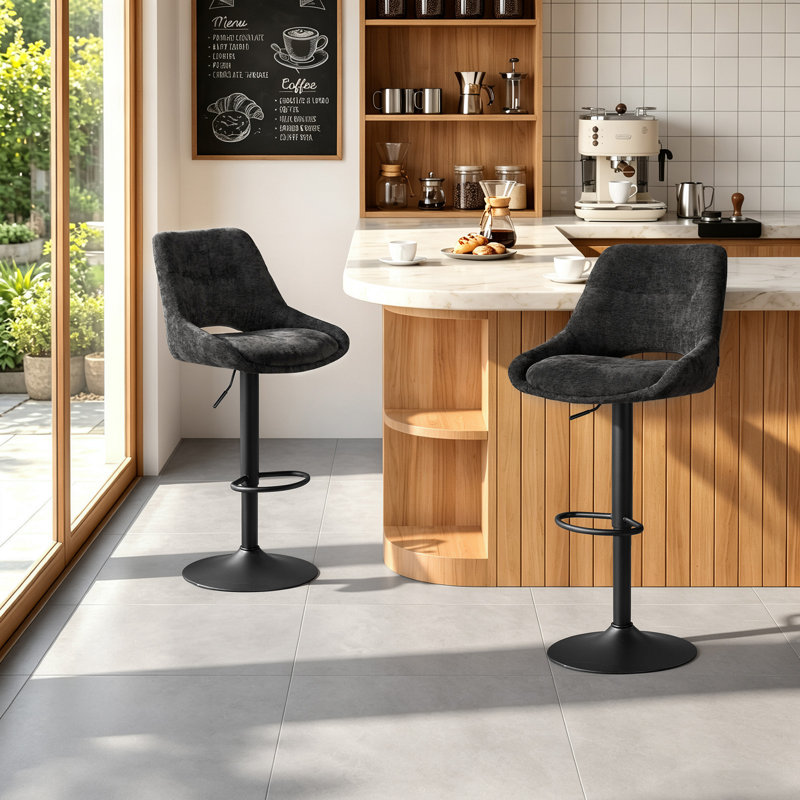 Swivel Upholstered Bar Stool with Iron Frame, Black, 2