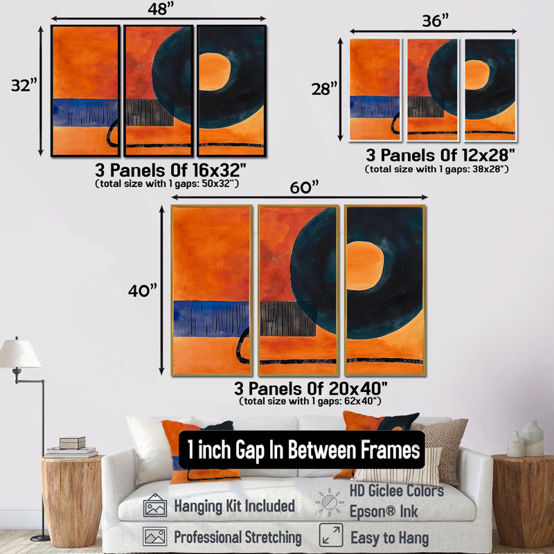 Retro Dada, peinture, orange, noir, ensemble d'art abstrait mural, H 40 po x l 60 po x P 1 po, Cadre flottant brun