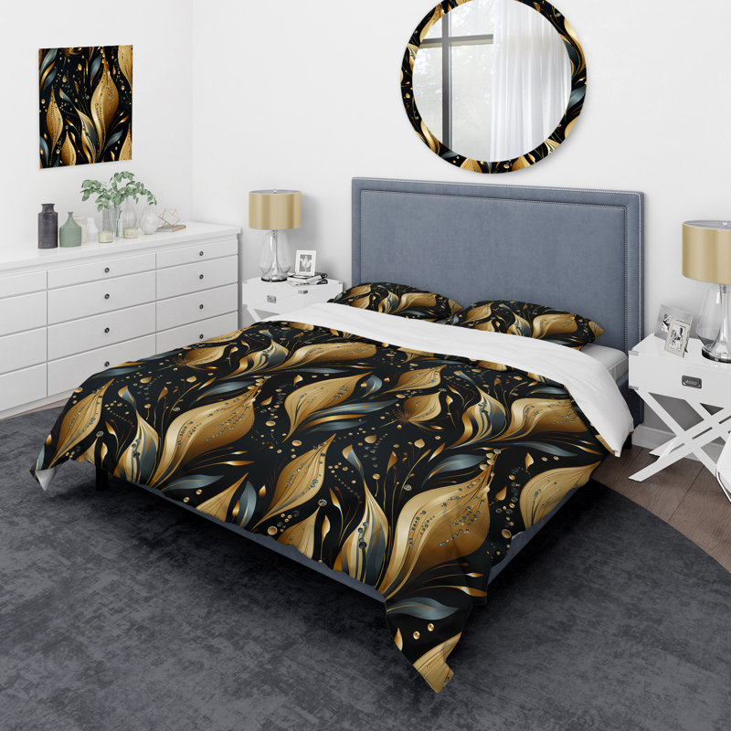 Ensemble de housse de couette Midnight Charm Gold and Black I - Damask, Housse de couette pour grand lit et 2 taies décor