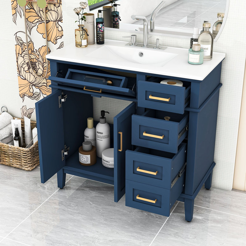 Modern Wooden Freestanding Single Bathroom Vanity with Ceramic Sink and Ample Storage, Blue