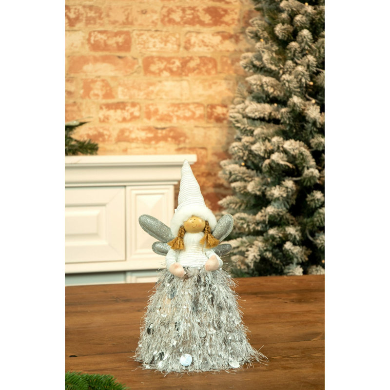 Figurine de poupée ange en tissu blanc / argenté avec ailes argentées