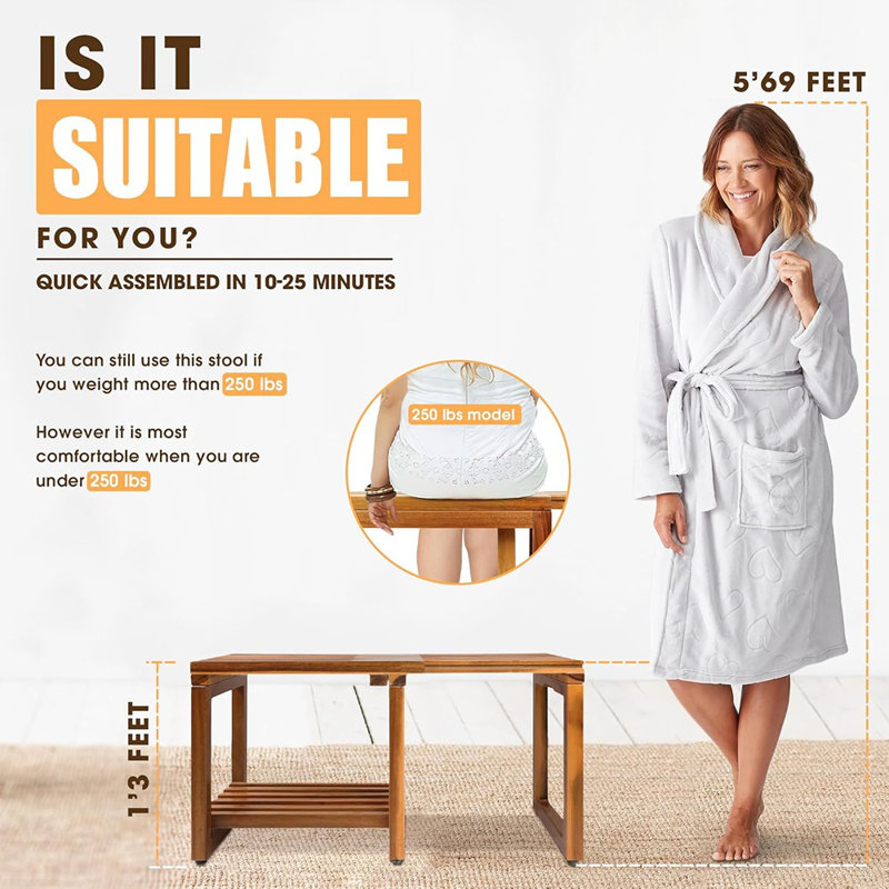 Adjustable Length 29 Inches Shower Stool Bench Chair Wate...