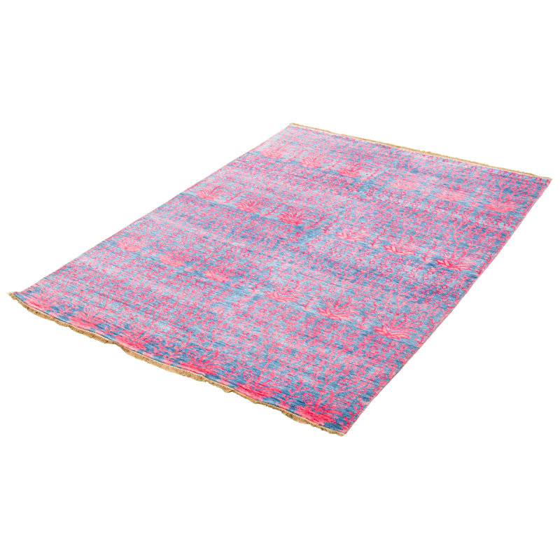 Tapis décoratif rose en laine de conception unique 5 pi 9 po x 7 pi 11 po noué à la main New Age