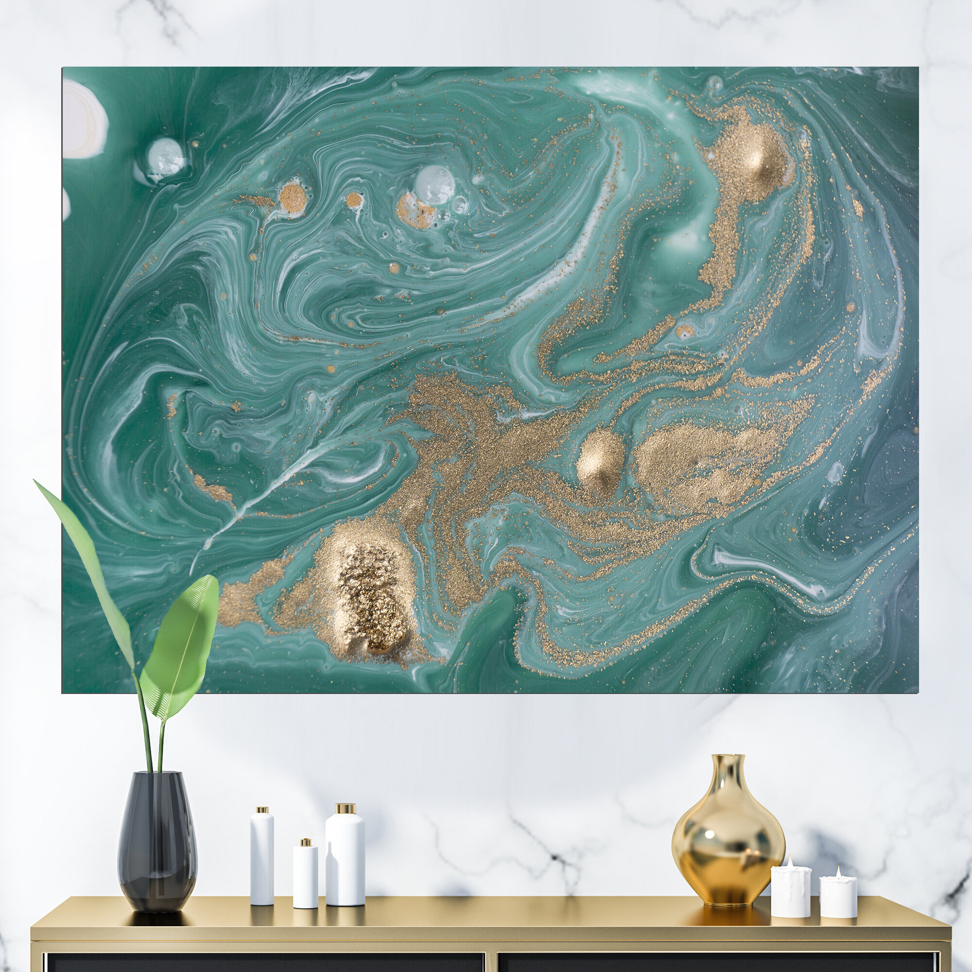 Golden Glitter With Dark Blue Marble' 20 x 12 Framed Painting Canvas Art  Print, by Designart 