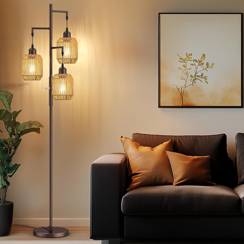 68" Dimmable Boho Floor Lamp - 3 Light Farmhouse Rattan Design With 3X6W Led Bulbs, Industrial Tree Floor Lamp For Living Room, Bedroom, Office, Orb & Brown Lampshades