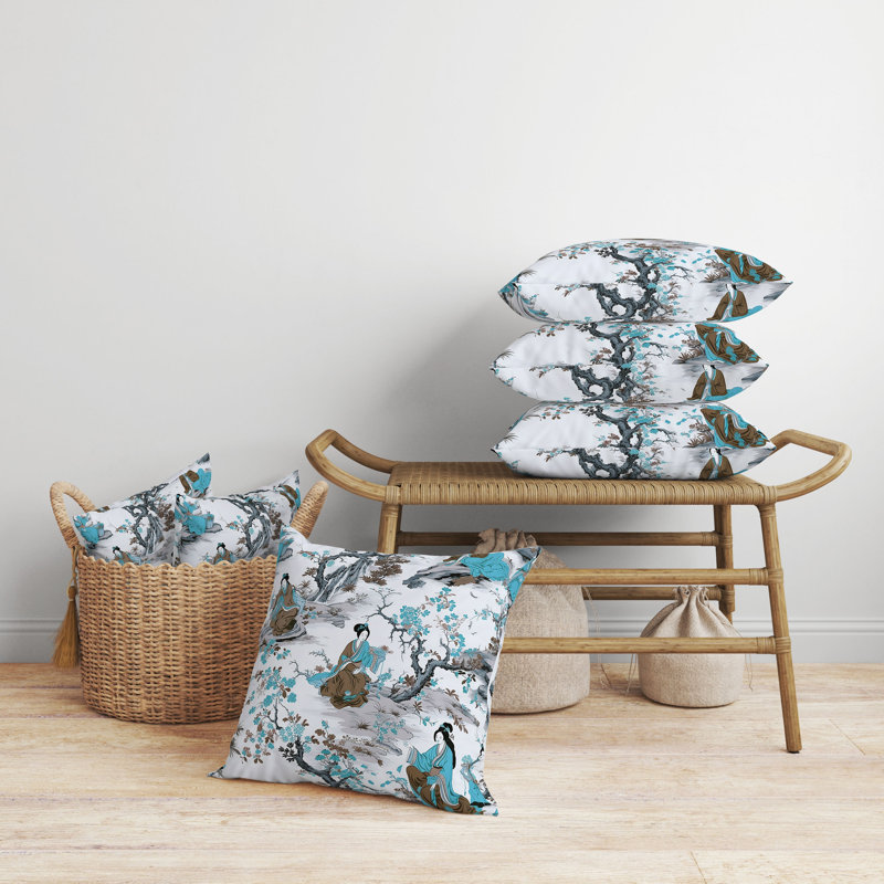 Coussin intérieur / extérieur Imperial Palace Garden, Gris / Turquoise, H 18 po x l 18 po