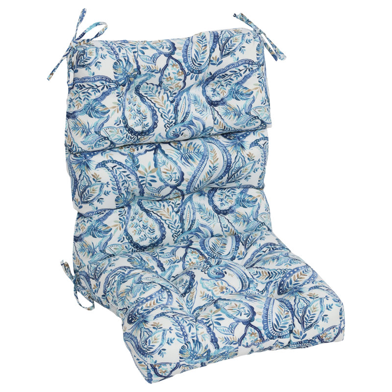 Outdoor Tufted Seat/Back Chair Cushion, White/Faylinn Lapis Paisley, 22" W x 21" D