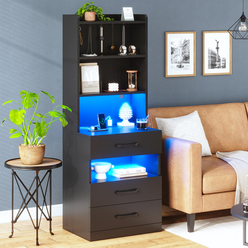Manech 51.8" Tall Nightstand with Charging Station and LED Lights for Bedroom, Child's Room, Black, Black
