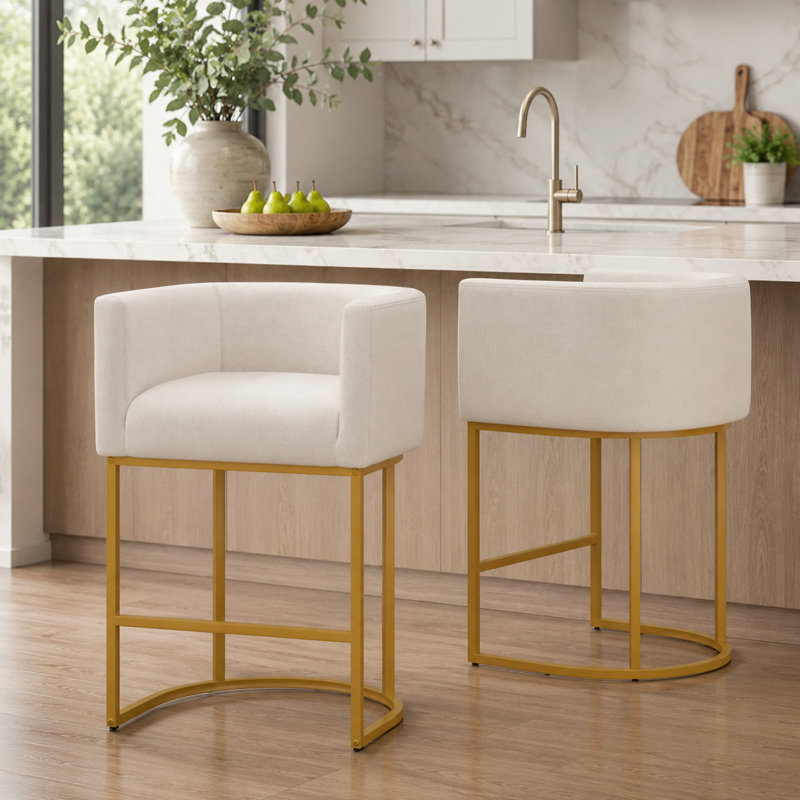 27" H Counter Height Barrel Bar Stools, Beige/Gold Frame, Black