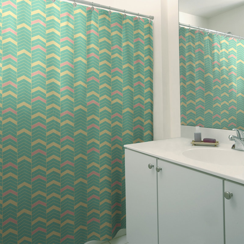 Rideau de douche simple à chevrons, Vert, rose et jaune