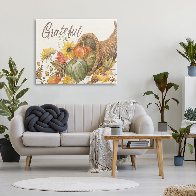 «Grateful Sentiment Autumn Harvest Cornucopia Pumpkins» par Silvia Vassileva, reproduction d'art sur toile, H 36 po x l 48 po
