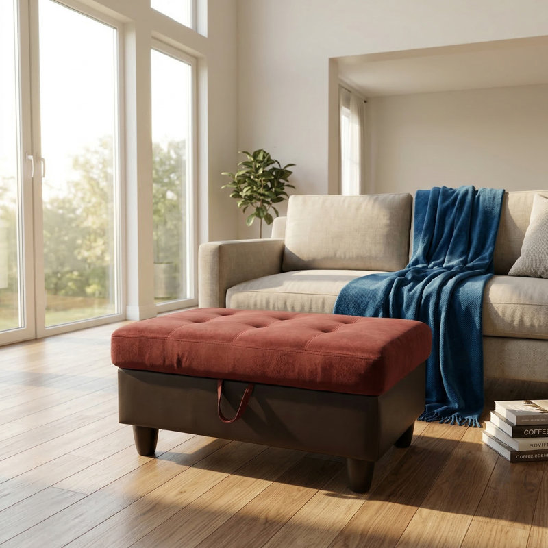 Red & Brown Storage Ottoman | Flannel + Faux Leather | X-stitching | Solid Wood Frame