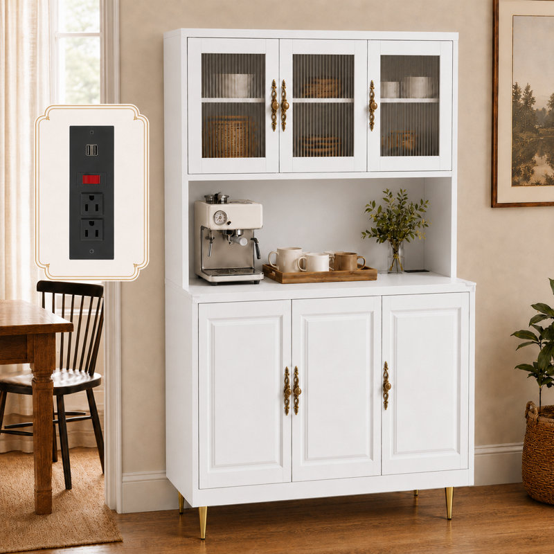 Armoire de garde-manger avec station de charge - Armoire de rangement multi-scène de 68 po pour la cuisine, le café, la salle à manger | Tablettes réglables et portes à fermeture douce, blanc