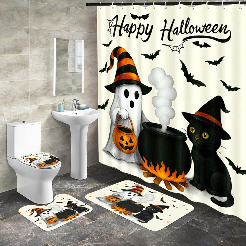 4 pièces ensembles de rideaux de douche pour salle de bain Halloween, chat fantôme, tapis de citrouille, tapis de bain, couvercle de toilette, décorations effrayantes avec 12 crochets