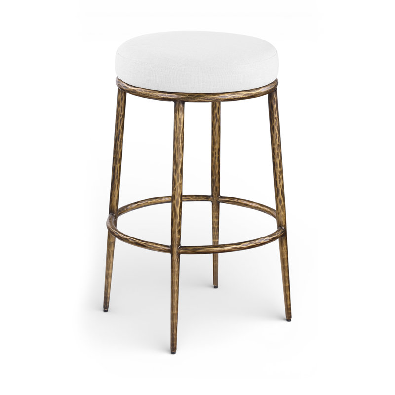 Tabouret de bar rembourré Ferro, Laiton, Tissu blanc performance