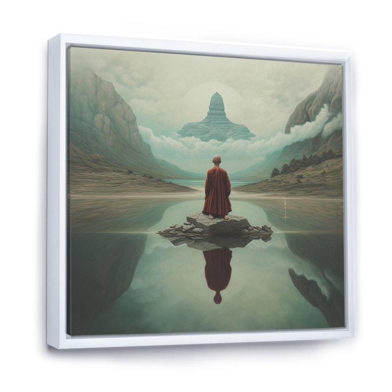 Mindfulness bouddhiste vison méditant sur toile, H 16 po x l 16 po x P 1 po, Cadre flottant blanc