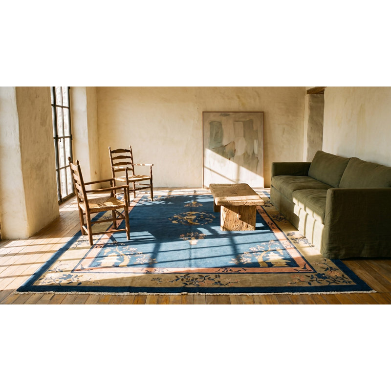 Blue Open Field Floral Medallion Antique Chinese Peking Area Rug