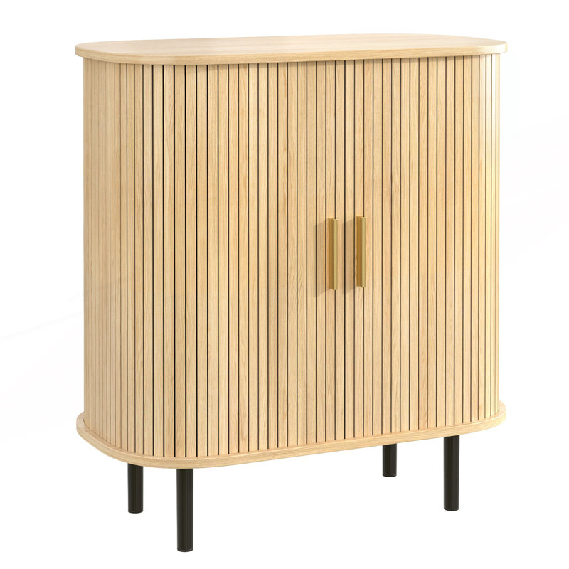 Armoire à vin cannelée avec support à vin à 8 grilles, 5 tablettes réglables et portes à tambour coulissantes, Natural