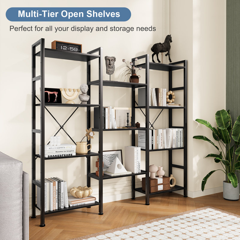 4 Tier Triple Wide Bookshelf with Metal Frame, Open Display Bookcase for Living Room, Bedroom, Home Office, Black