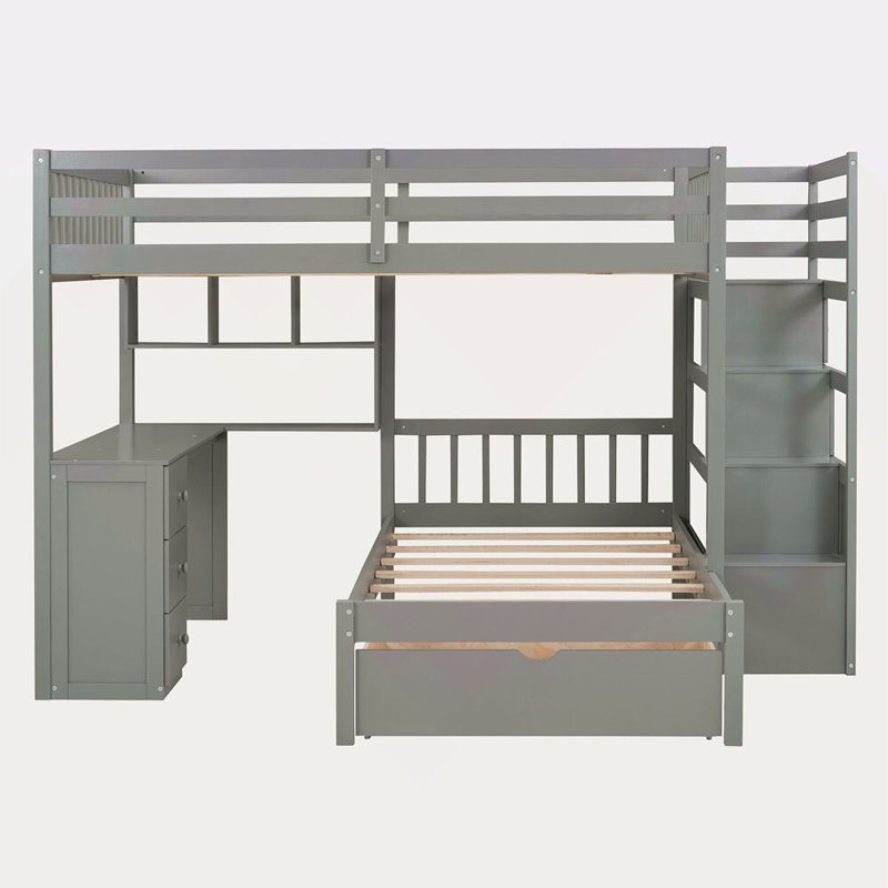 Lit superposé double au-dessus de Kitzie avec bureau, tiroirs et tablettes, Gris