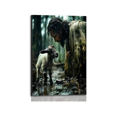 Reproduction sur toile encadrée, Jésus et agneau, art mural inspirant, impression sur toile, affiche religieuse, peinture, affiche spirituelle sur un plat pour le salon, prêt à être accroché 12 po x 16 po