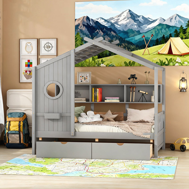 Lit simple en bois avec 2 tiroirs, gris, Lit simple