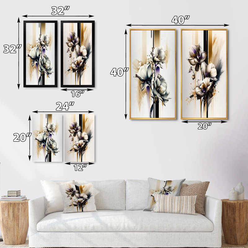 «Fleur d'orchidée blanche sur beige doré I», 2 pièces sur toile, Encadrement doré, H 20 po x l 24 po